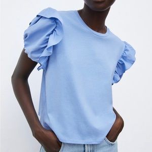 ZARA Blue Ruffled Puff Sleeve T-Shirt Top M